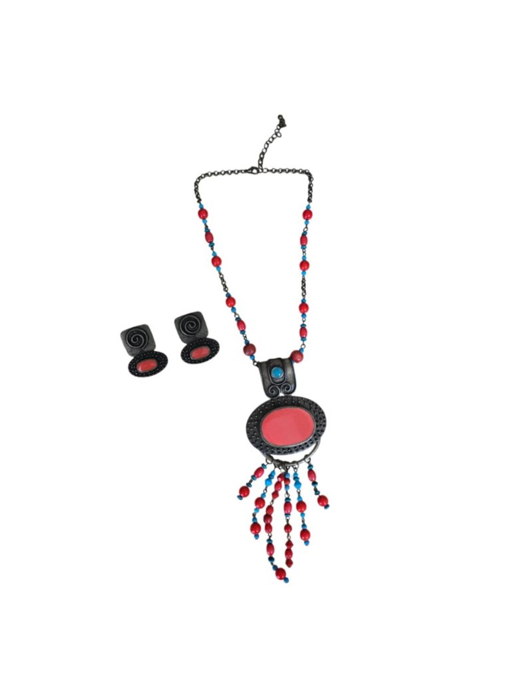 Boho Statement Necklace Set Red Blue Beads Dangle Pendant 19" Earrings - Picture 3 of 16